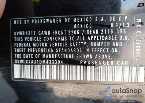 2013 Volkswagen Jetta 2.5L Sel из США, поврежденный, VIN 3VWLX7AJ1DM433304